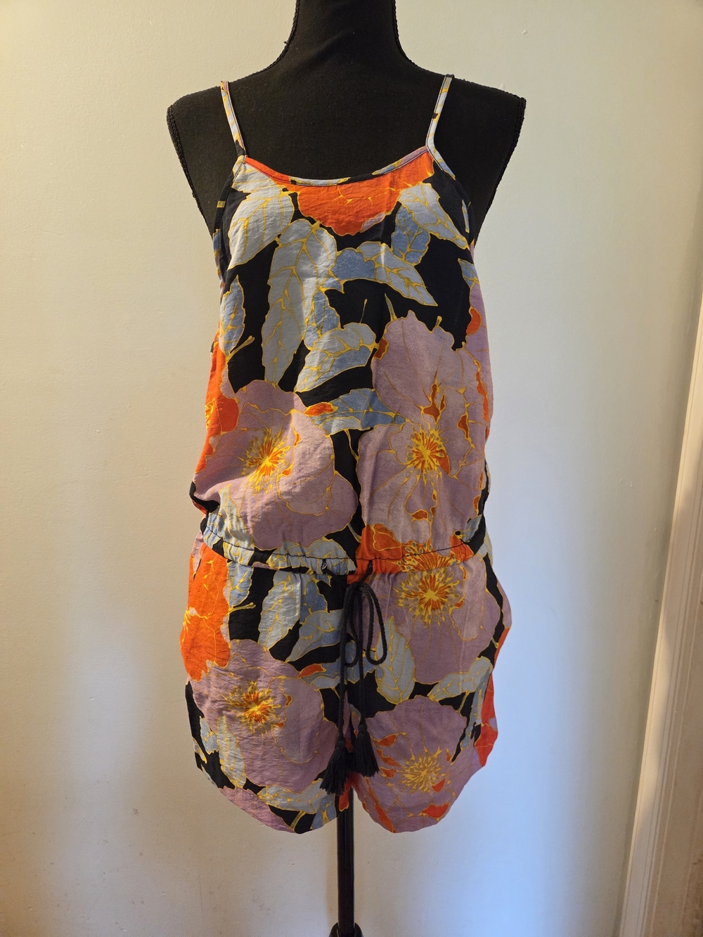 LOFT Black Floral Spaghetti-Strap Romper with Orange & Lavender Bloom